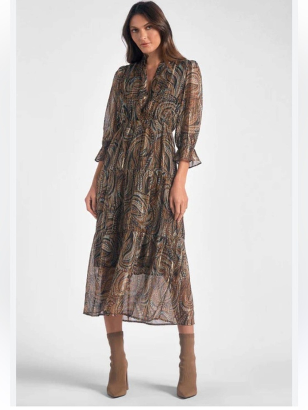 Elan BROWN PAISLEY JEN MIDI DRESS size L NWT
